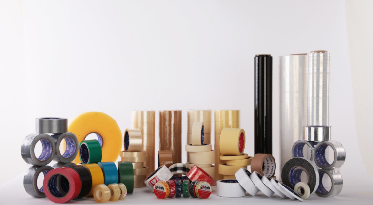 Rolls of BOPP, masking and duct tapes with stretch film